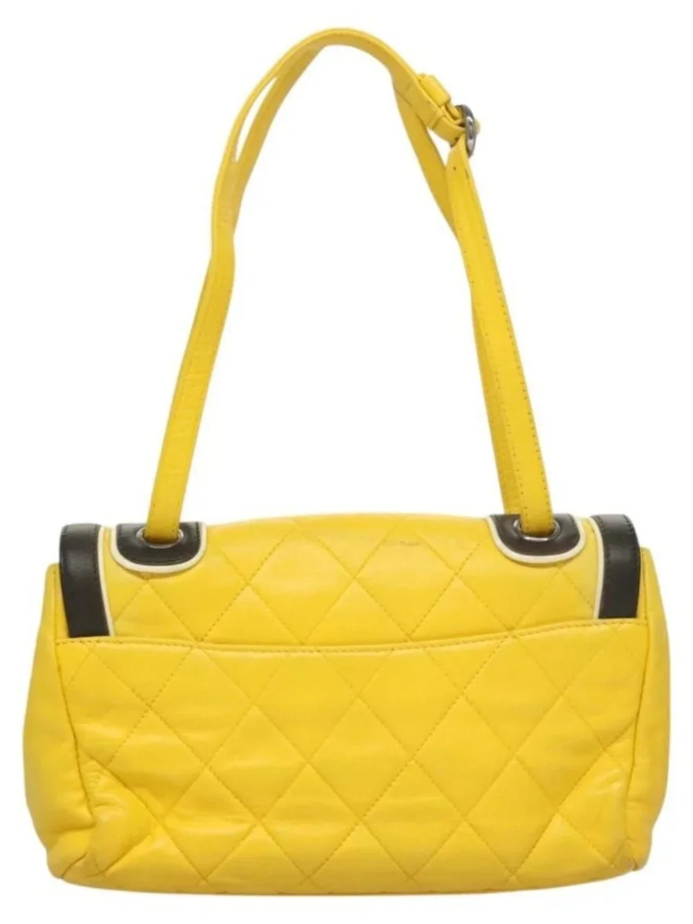CHANEL Matelasse 2.55 Shoulder Bag Lamb Skin Yellow Silver CC Auth bs25489